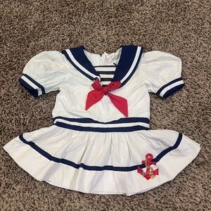 Vintage 90s Girls White Navy Sailor Dress with Red Bow